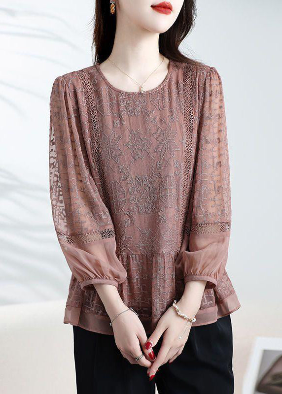 Loose Coffee O-Neck Embroidered Patchwork Silk Top Bracelet Sleeve