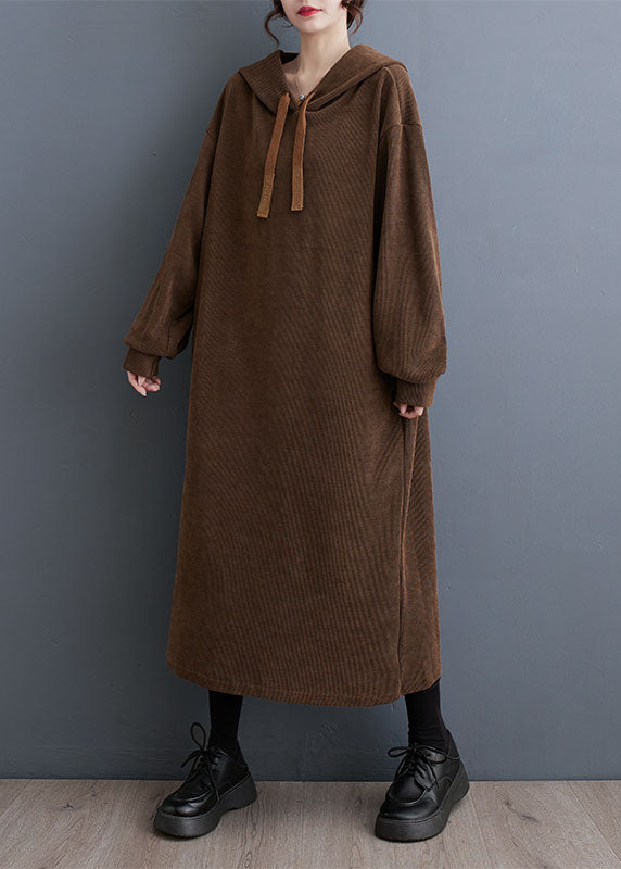 Loose Coffee Pockets Hooded Maxi Dresses Fall