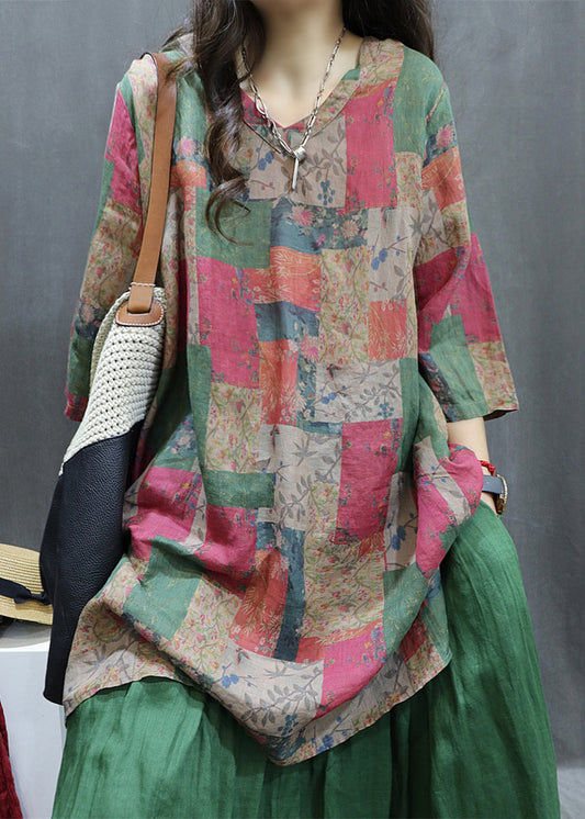 Loose Colorblock Print Side Open Linen Shirt Half Sleeve