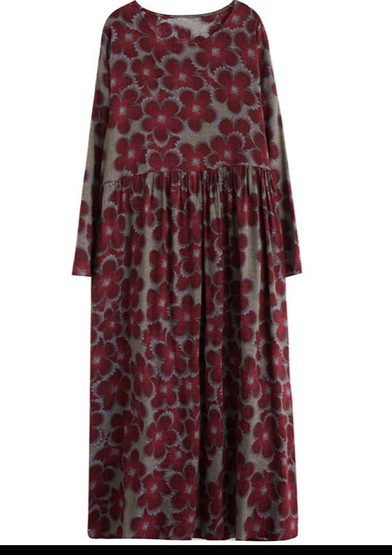 cotton linen floral loose long sleeve dress