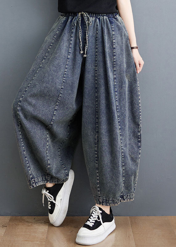 Loose Denim Blue Pockets Patchwork Elastic Waist Lantern Pants Fall