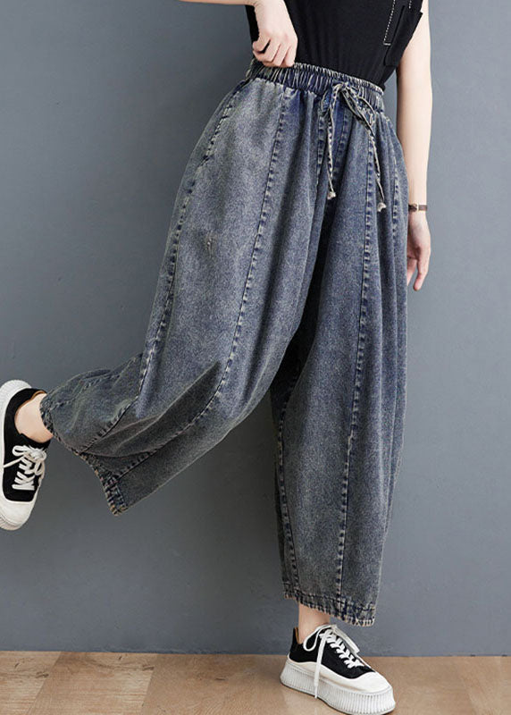 Loose Denim Blue Pockets Patchwork Elastic Waist Lantern Pants Fall