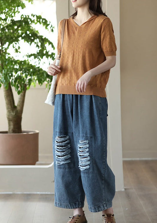 Hollow Elasticity Loose Denim Harem Pants