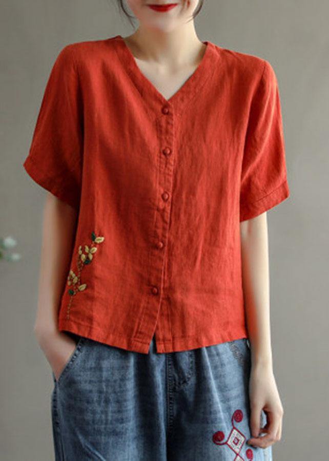 Loose Pink V Neck Embroideried Floral Summer Linen Shirt