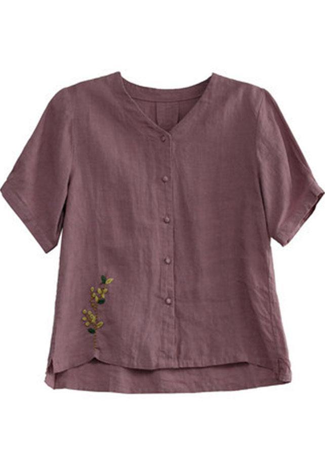 Loose Pink V Neck Embroideried Floral Summer Linen Shirt