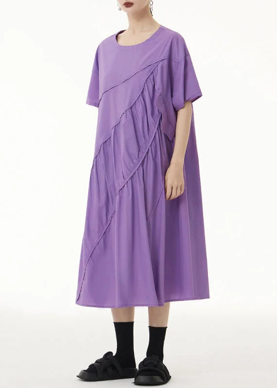 Loose Purple O-Neck Wrinkled Patchwork Cotton Long Dress Short Sleeve