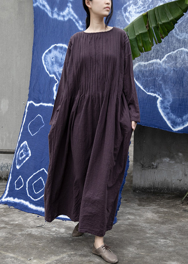 Loose Purple O Neck Wrinkled Linen Long Dress Long Sleeve