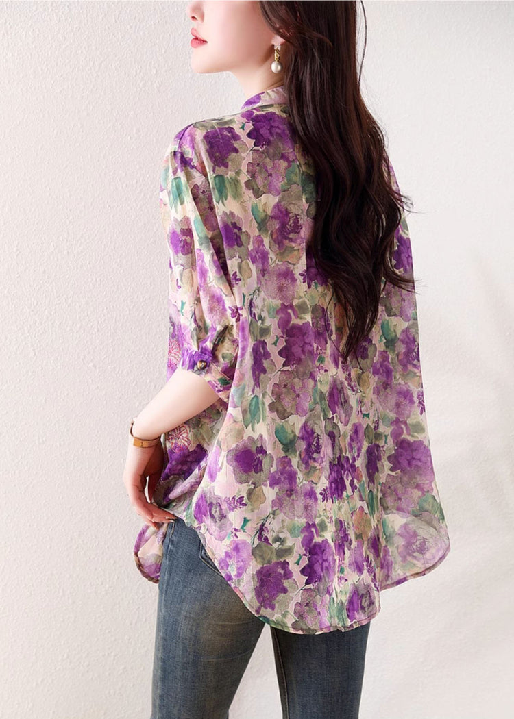 Loose Purple V Neck Print Zircon Cotton Blouses Summer