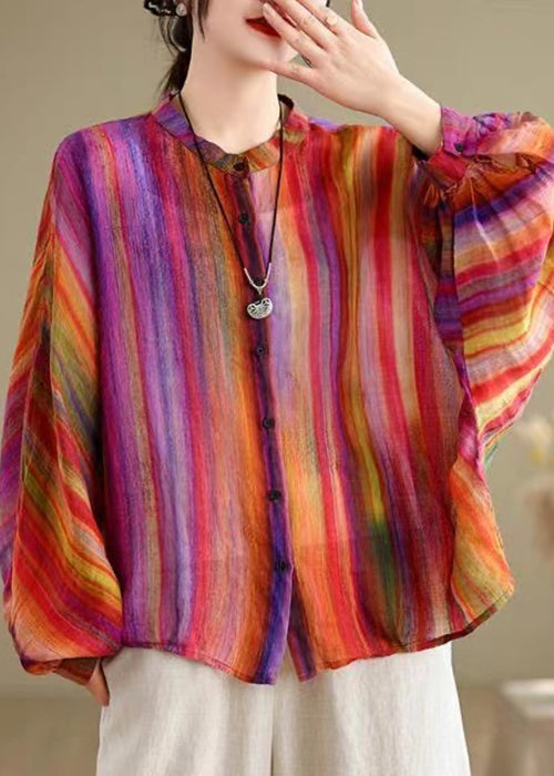 Red Loose Striped Linen Shirt Sleeves Summer