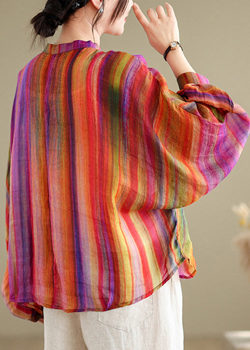 Red Loose Striped Linen Shirt Sleeves Summer