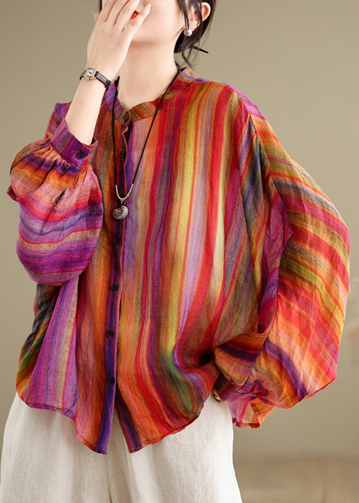 Red Loose Striped Linen Shirt Sleeves Summer