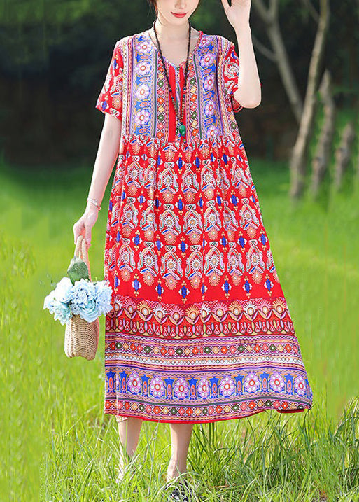 Loose Red V Neck Print Pockets Cotton Pajamas Dresses Summer