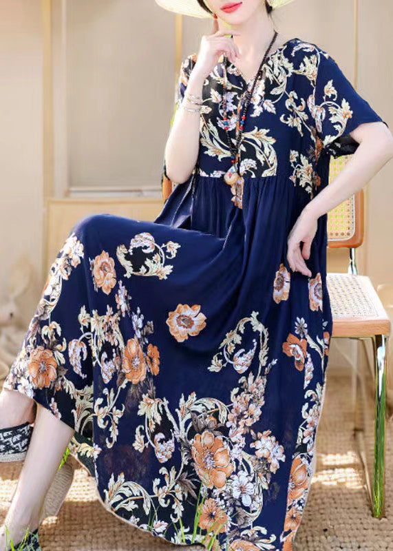 Loose Red V Neck Print Pockets Cotton Pajamas Dresses Summer