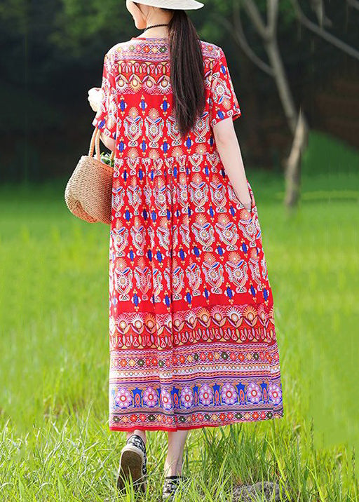 Loose Red V Neck Print Pockets Cotton Pajamas Dresses Summer