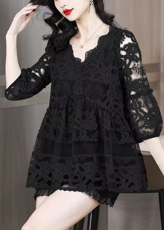 V Neck Casual Black Tulle Embroidered Shirt Bracelet Sleeves