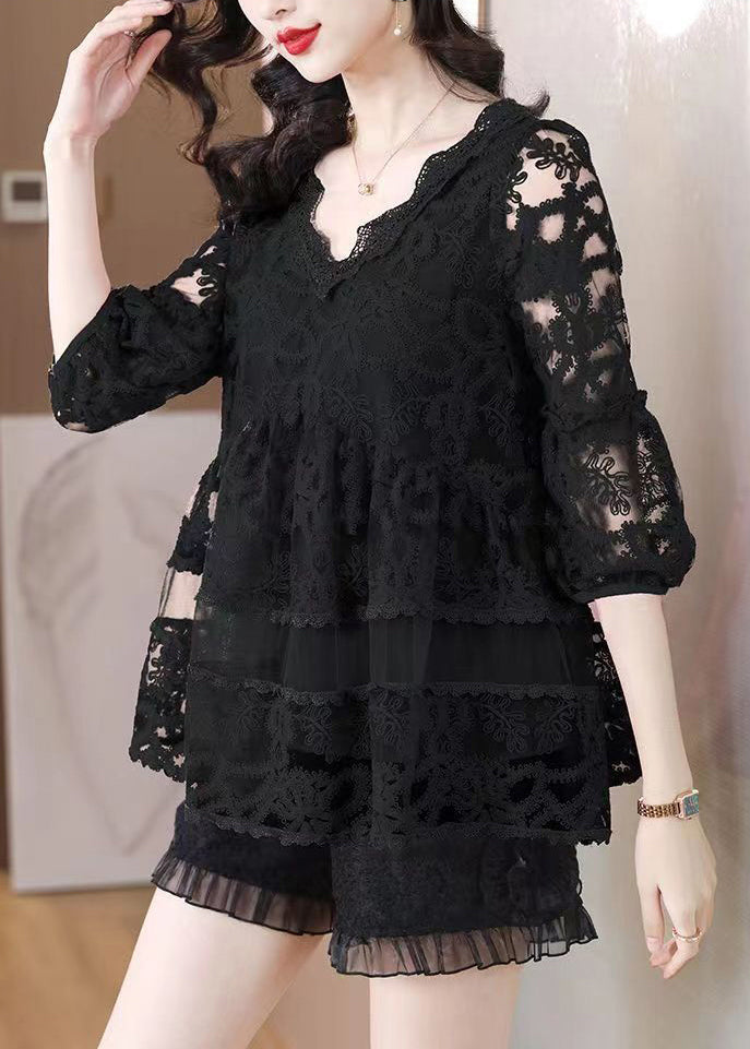 V Neck Casual Black Tulle Embroidered Shirt Bracelet Sleeves