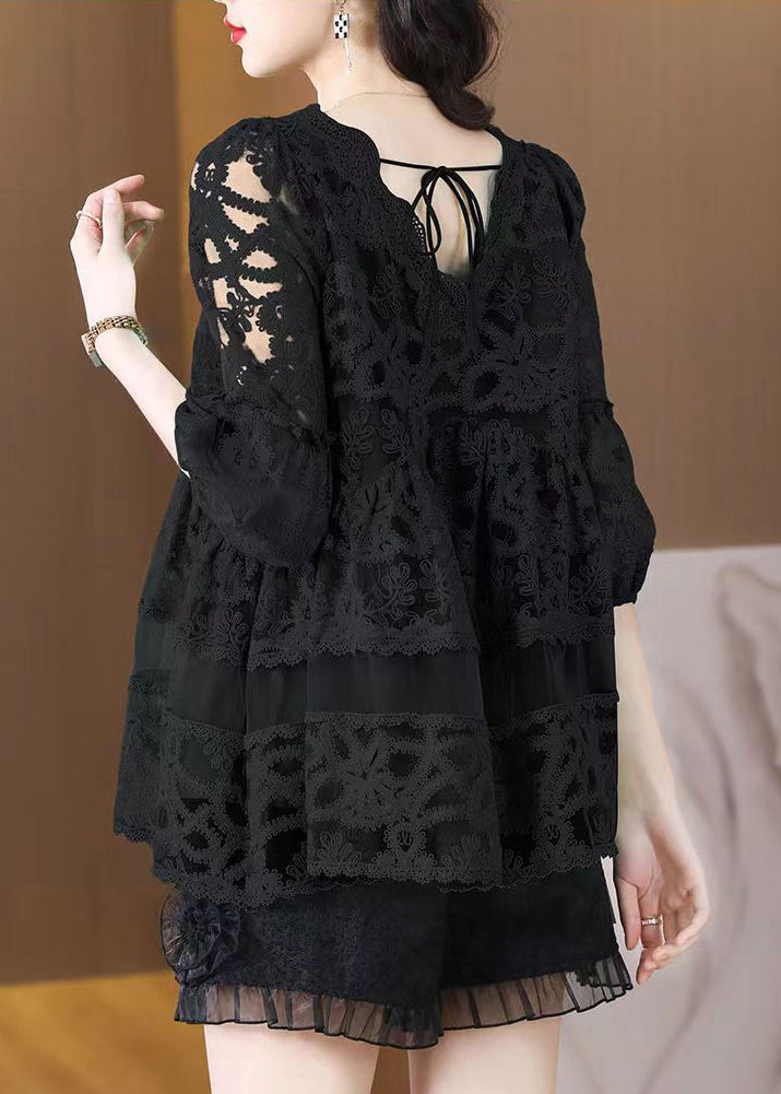 V Neck Casual Black Tulle Embroidered Shirt Bracelet Sleeves