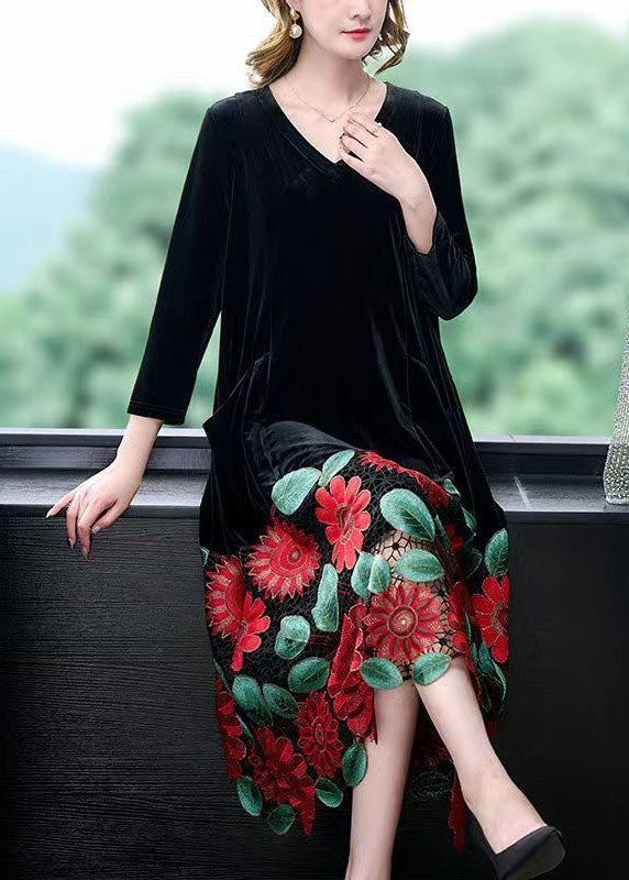 V Neck Modern Black Floral Panel Cutout Silk Velour Dress Spring