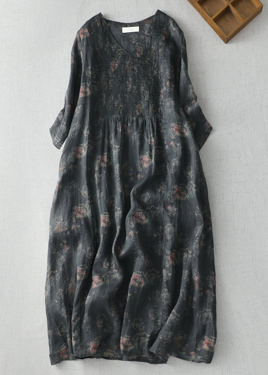 Modern V Neck Black Printed Crinkled Linen A-Line Dress Summer