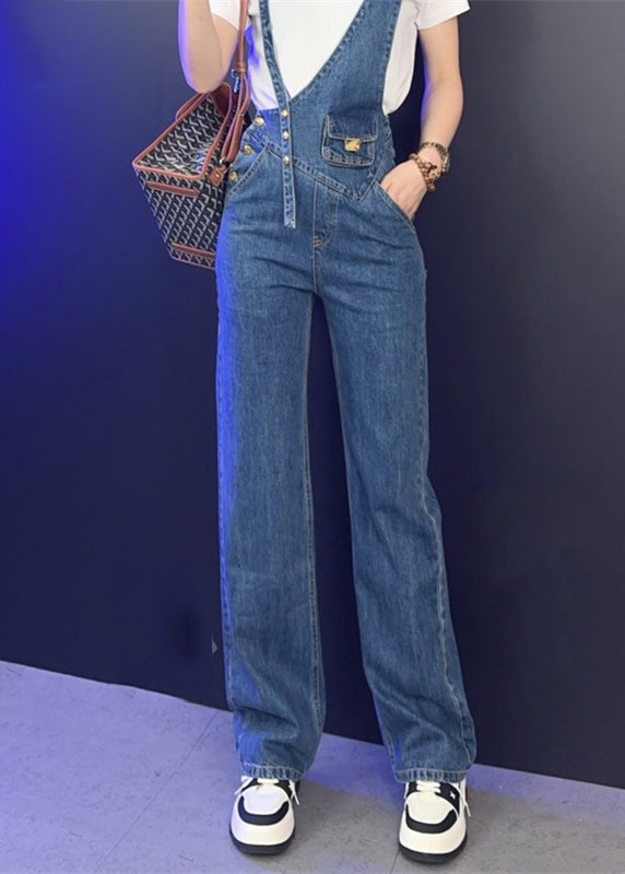 Modern Blue High Rise Asymmetric Patchwork Button Denim Long Jumpsuit