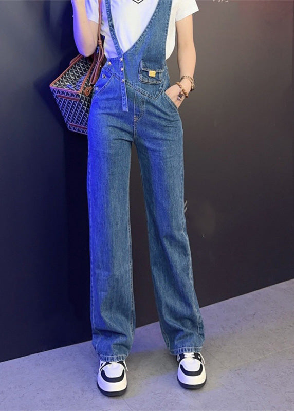 Modern Blue High Rise Asymmetric Patchwork Button Denim Long Jumpsuit