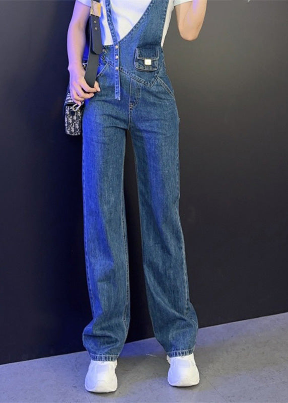 Modern Blue High Rise Asymmetric Patchwork Button Denim Long Jumpsuit