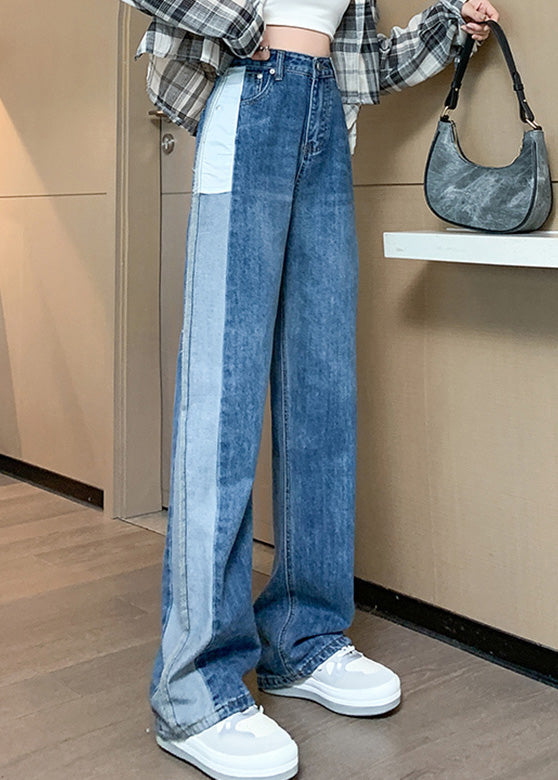 Modern Blue High Rise Button Patchwork Denim Straight Leg Pants