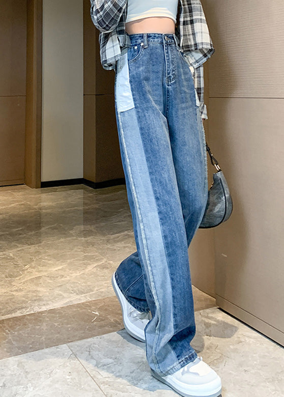 Modern Blue High Rise Button Patchwork Denim Straight Leg Pants