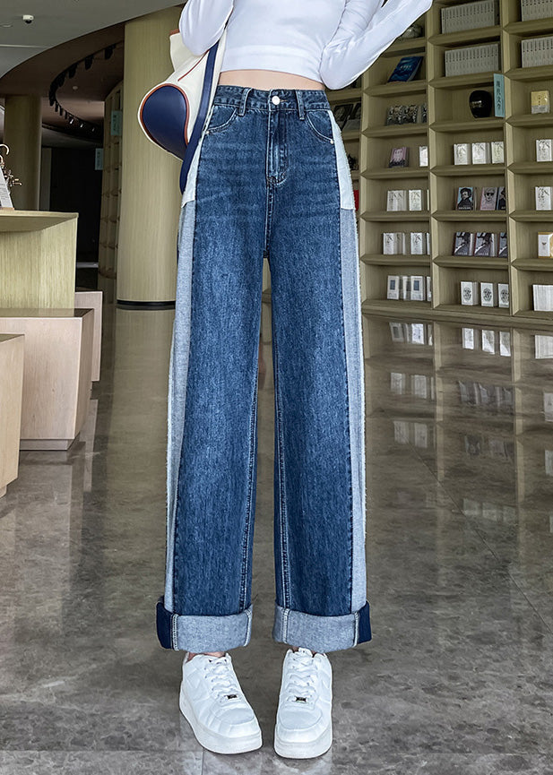 Modern Blue High Rise Button Patchwork Denim Straight Leg Pants