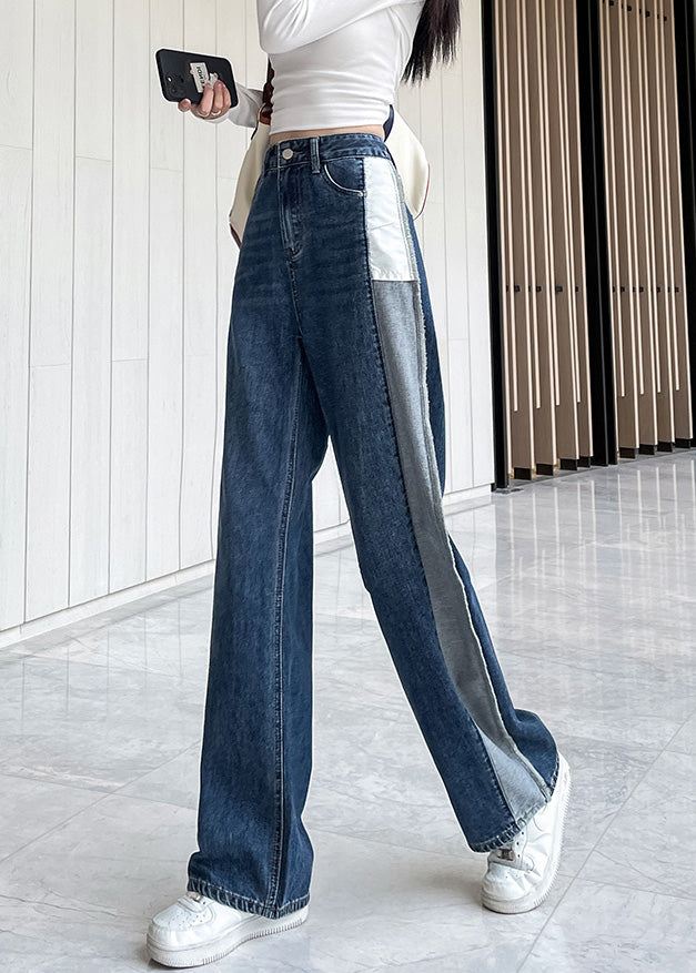 Modern Blue High Rise Button Patchwork Denim Straight Leg Pants