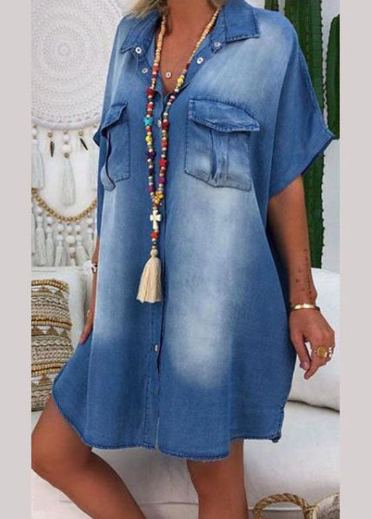 Modern Blue Patchwork Peter Pan Collar Denim Shirt Dress Summer