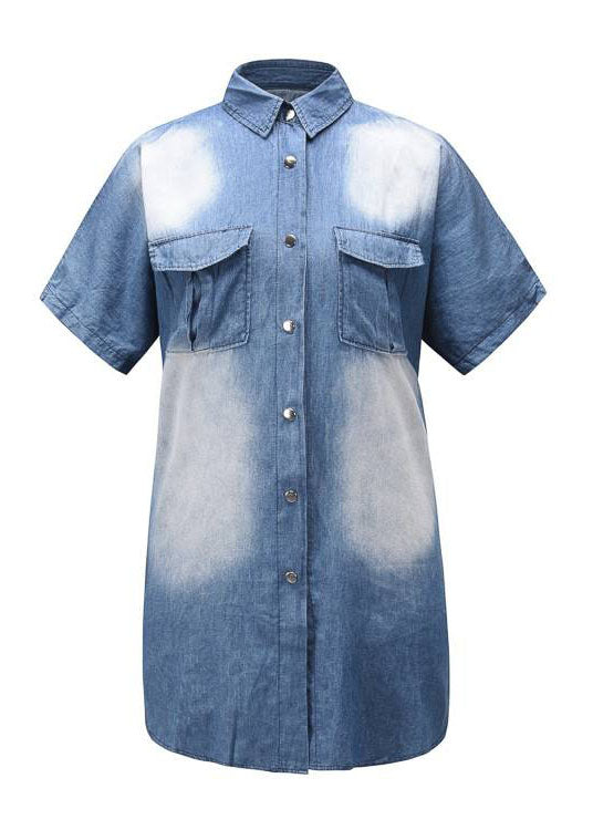 Modern Blue Patchwork Peter Pan Collar Denim Shirt Dress Summer