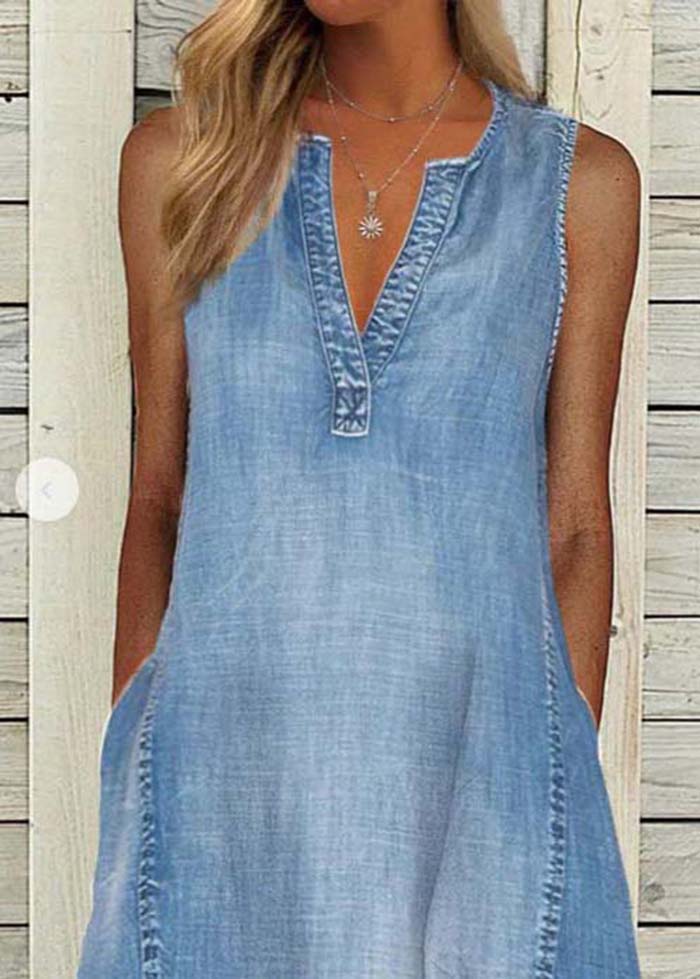 V Neck Modern Blue Washed Denim A Line Sleeveless Dress