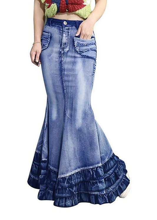 Summer Modern Wrinkled Pockets Patchwork Blue Denim Skirt