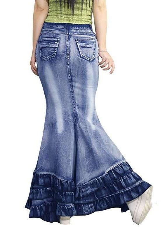 Summer Modern Wrinkled Pockets Patchwork Blue Denim Skirt