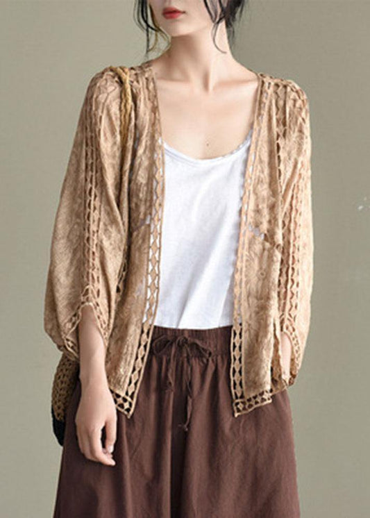 Modern Jacquard Cutout Cotton Khaki Short Cardigans