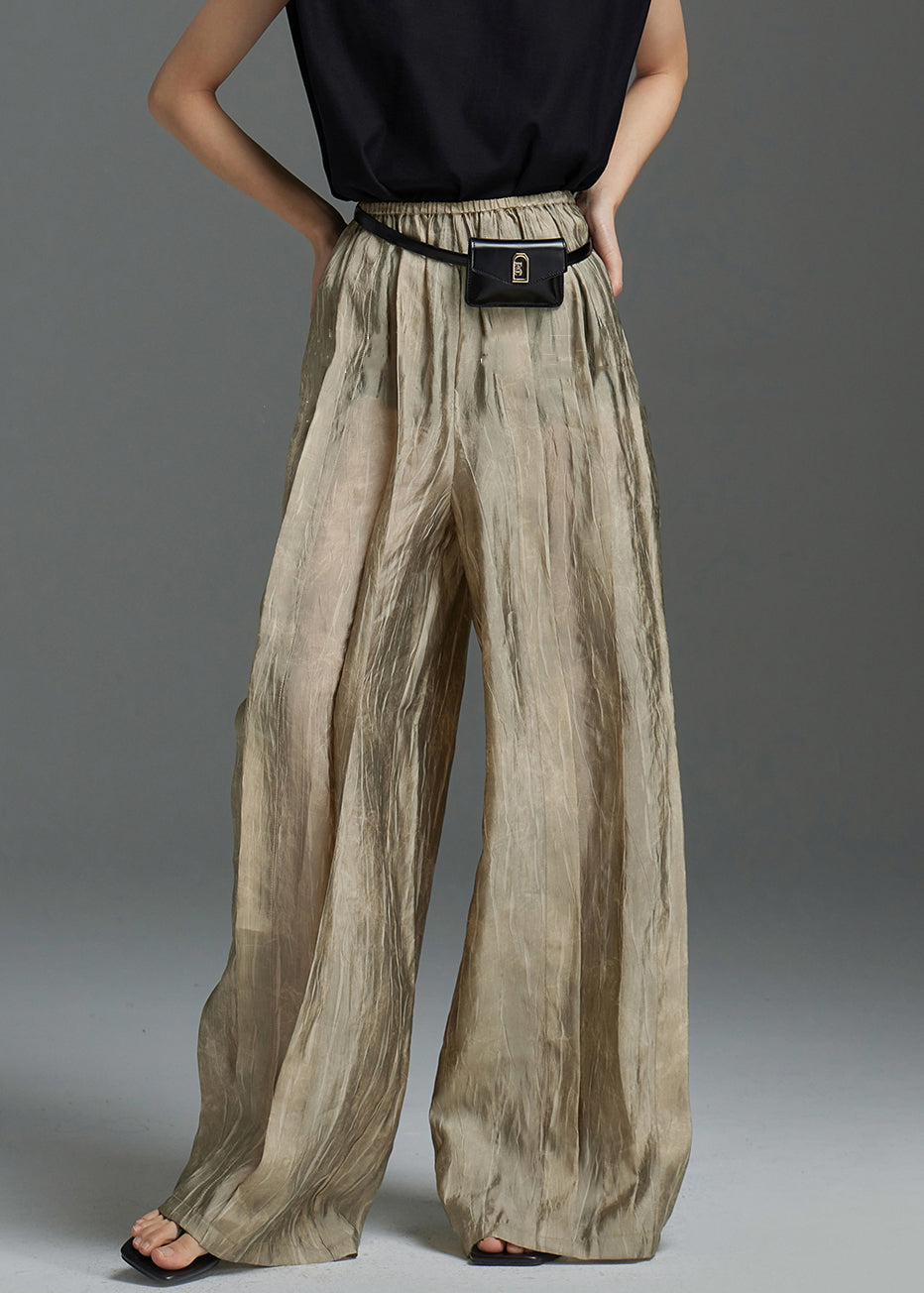 Modern Khaki Wrinkled Elastic Waist Silk Pants Fall