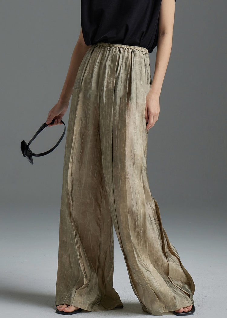 Modern Khaki Wrinkled Elastic Waist Silk Pants Fall