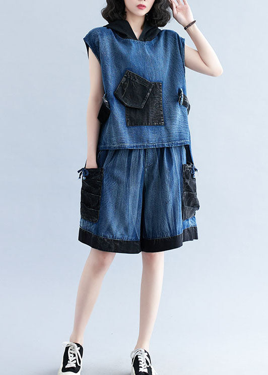 Modern navy blue hooded pocket denim top and pants two piece summer