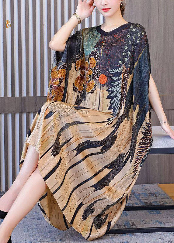 Modern Print Oversized Silk Holiday Dress With Dolman Sleeves