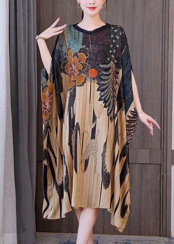 Modern Print Oversized Silk Holiday Dress With Dolman Sleeves