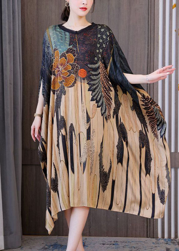 Modern Print Oversized Silk Holiday Dress With Dolman Sleeves