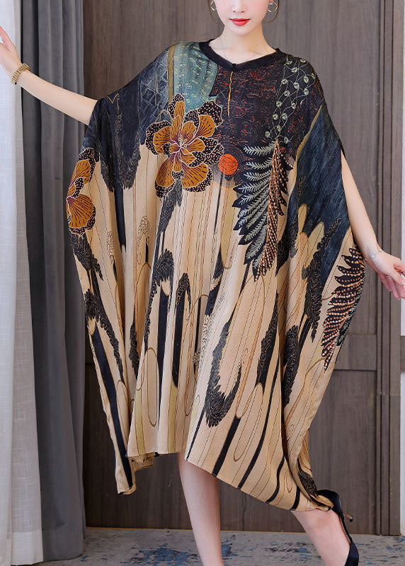 Modern Print Oversized Silk Holiday Dress With Dolman Sleeves