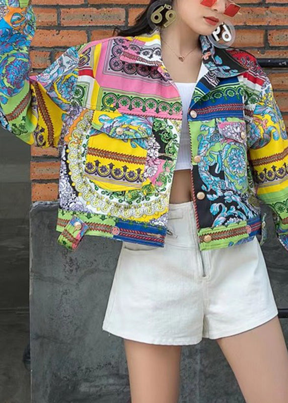 Modern Print Patchwork Peter Pan Collar Denim Coat Long Sleeves