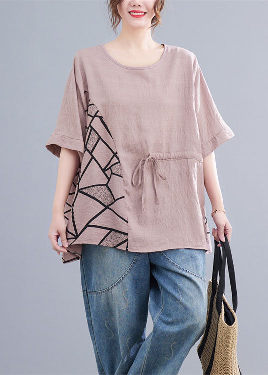 Pink Print Patchwork Cotton T Shirt Tops O Neck Summer