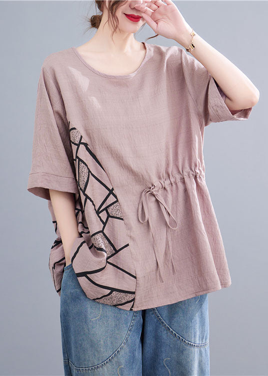 Pink Print Patchwork Cotton T Shirt Tops O Neck Summer