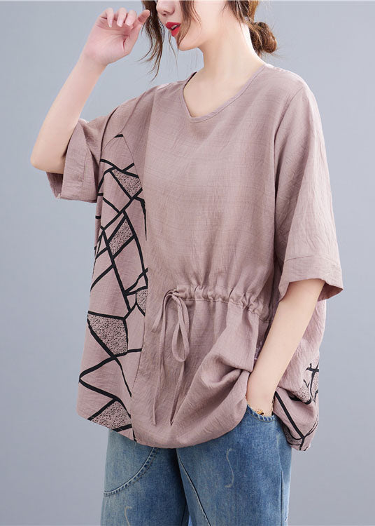 Pink Print Patchwork Cotton T Shirt Tops O Neck Summer