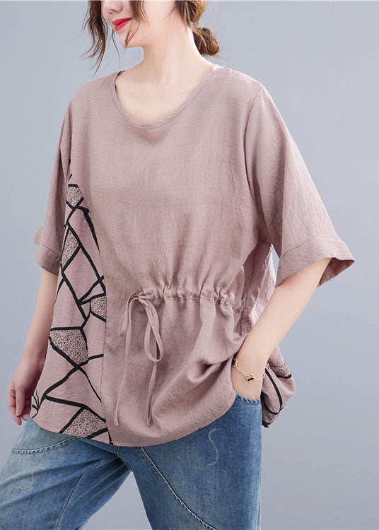 Pink Print Patchwork Cotton T Shirt Tops O Neck Summer