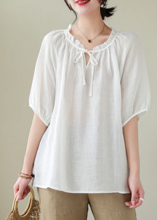 French White Oversized Ruffle Linen Blouse Top Summer