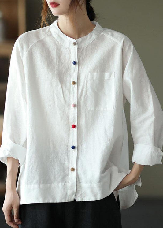 Modern White Loose Patchwork Pockets Fall Long Sleeve Blouse Top